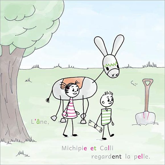 Calli, Michipie et l'âne regardent une pelle. Orthographe, abécédaire, imagier.