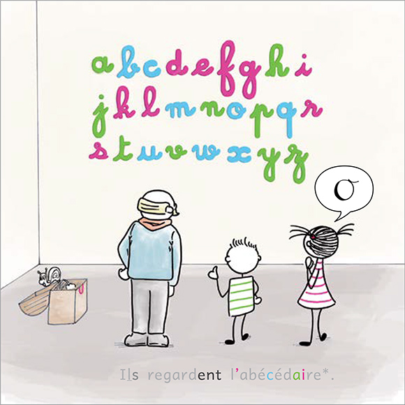 Calli, Michipie, Pop, lettres sur le mur, coffre. Orthographe, abécédaire, imagier.